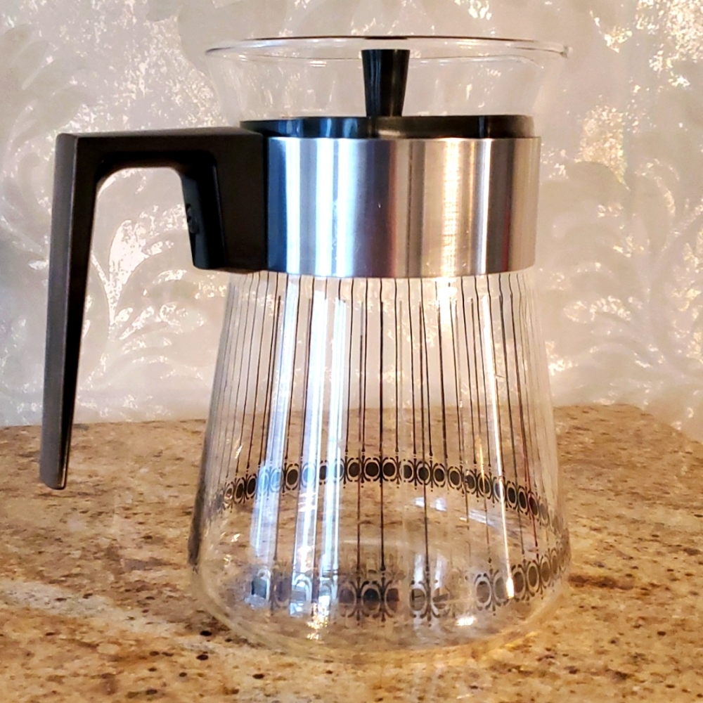 MCM Pyrex Corning glass coffee pot carafe with faux wood detail